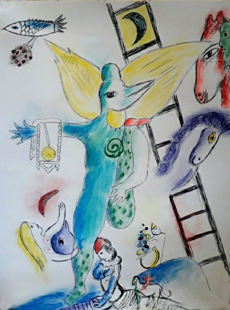 Dessin d'un oiseau-homme inspiré par Chagall