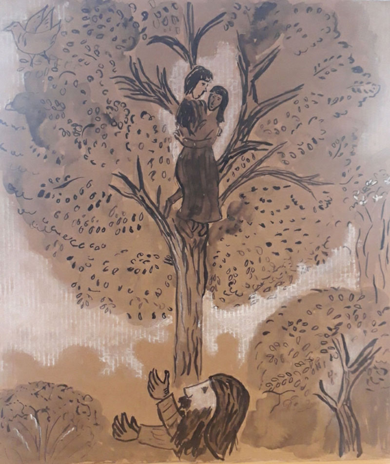 Peinture des amoureux sur l'arbre inspirée par Chagall